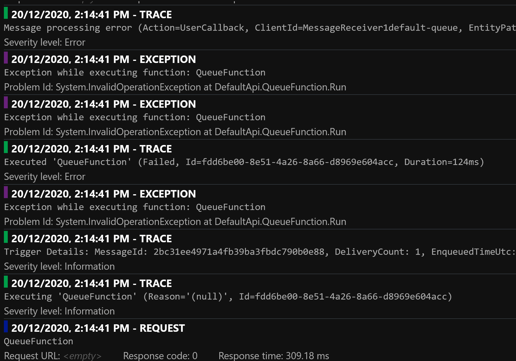 Service Bus binding: eight telemetry items emitted by the Functions runtime